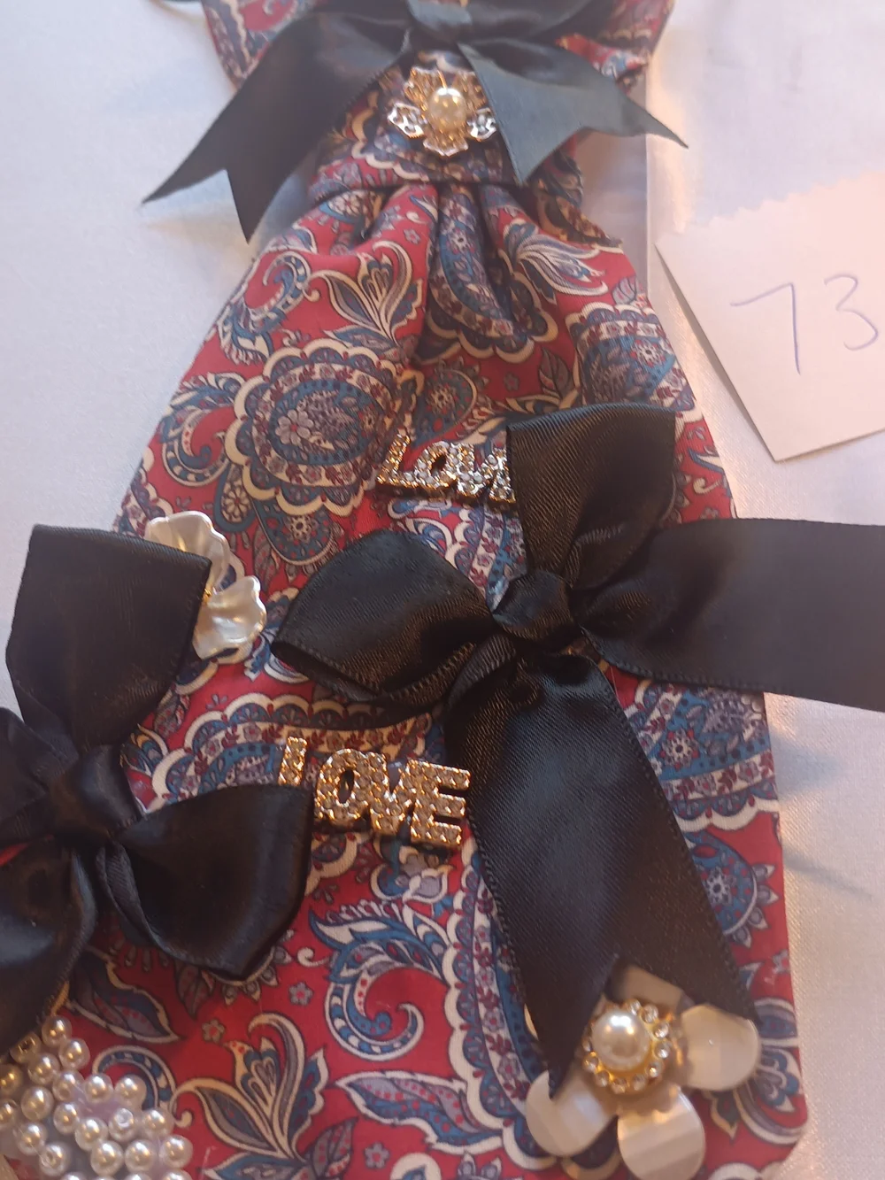 Cranberry  Red Paisley JunkTie Necklace with Black Ribbon and Pearl Accents